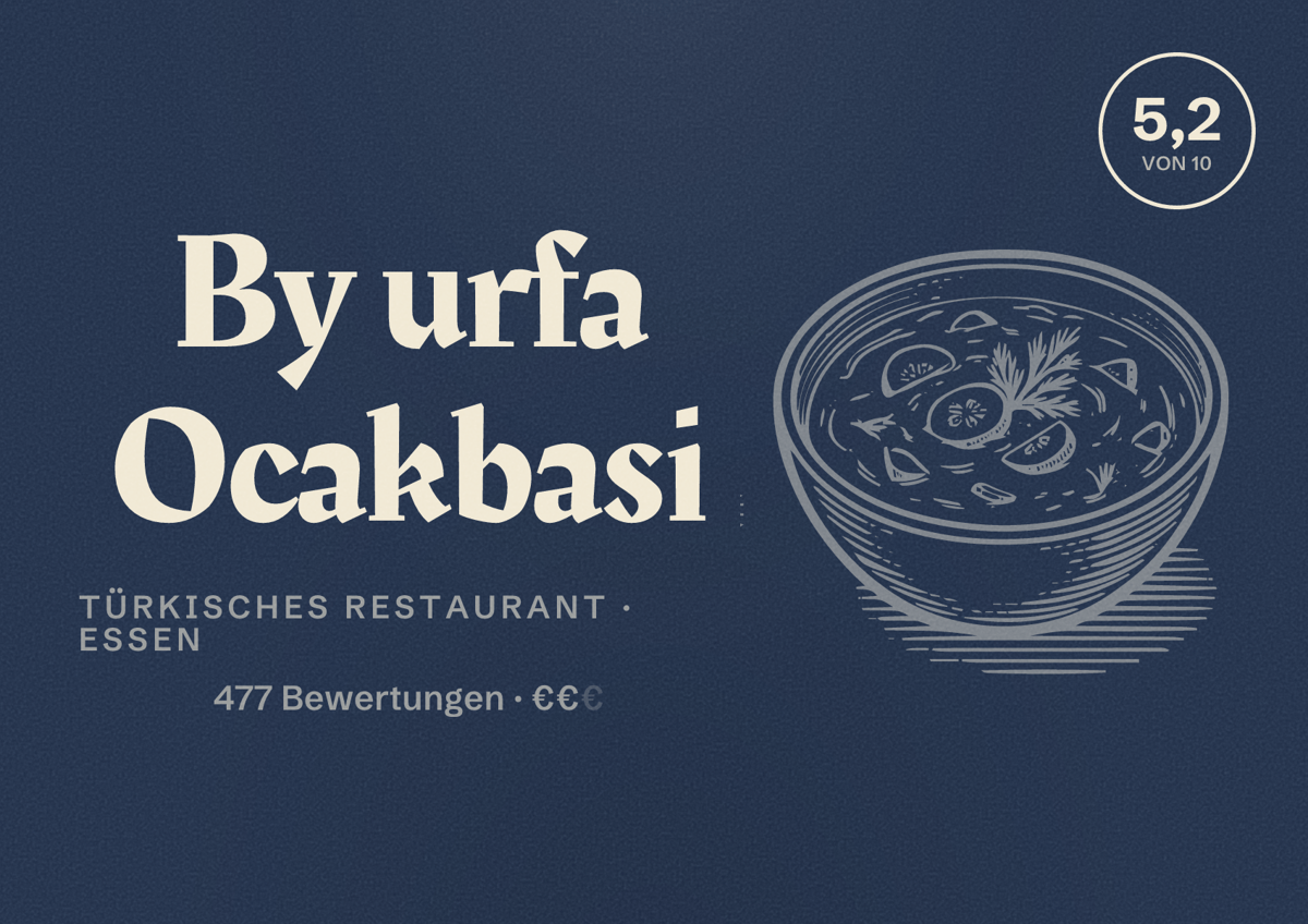 Illustriertes Poster von By urfa Ocakbasi, Türkisches Restaurant in Essen: Bewertung 5,2 von 10 aus 477 Bewertungen, Preisniveau €€