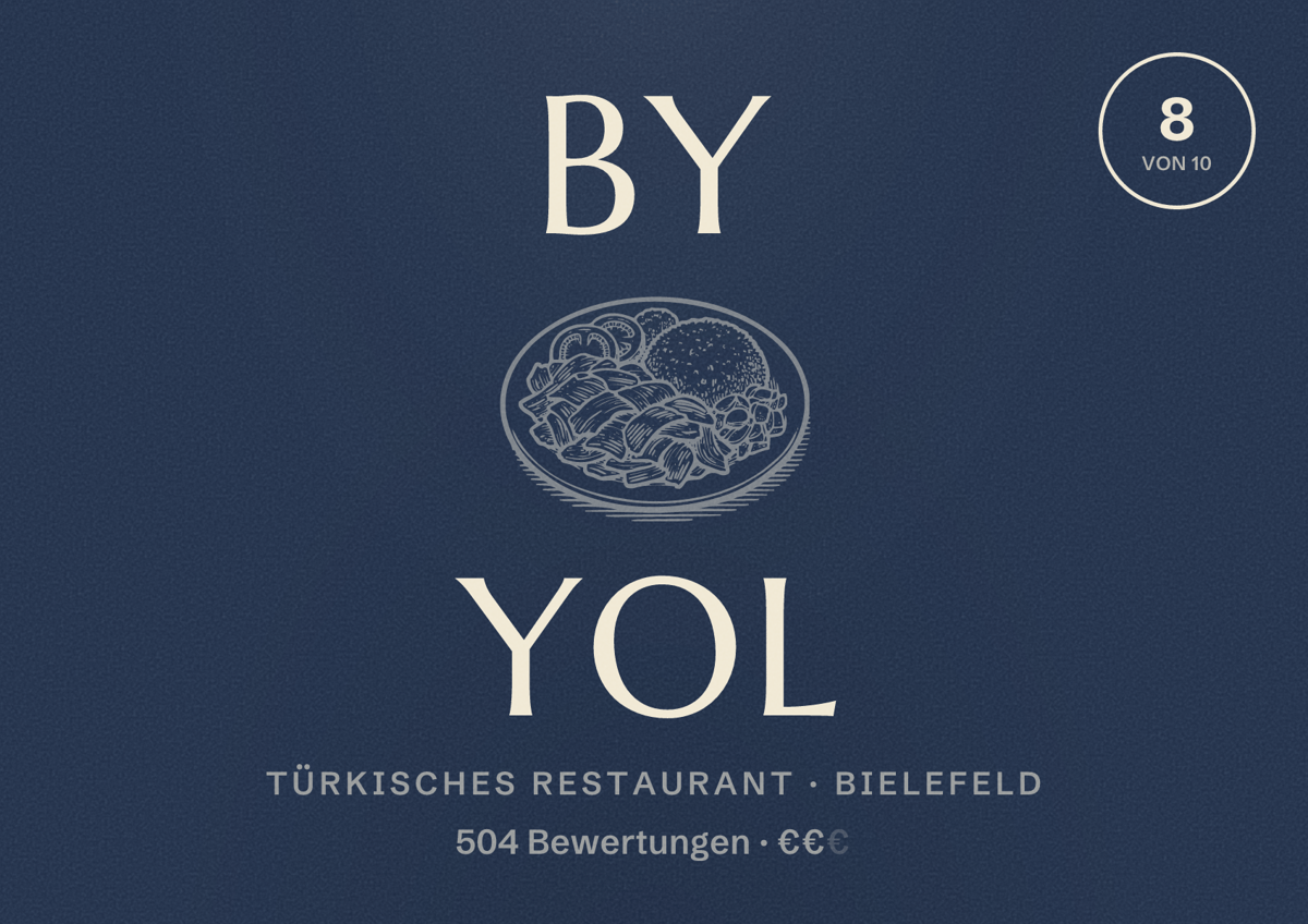 Illustriertes Poster von By Yol, Türkisches Restaurant in Bielefeld: Bewertung 8 von 10 aus 504 Bewertungen, Preisniveau €€