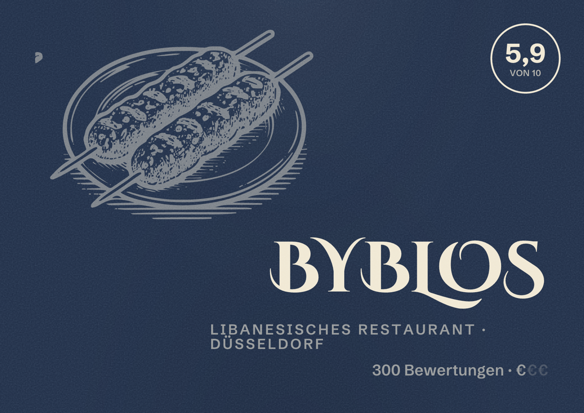 Illustriertes Poster von Byblos, Libanesisches Restaurant in Düsseldorf: Bewertung 5,9 von 10 aus 300 Bewertungen, Preisniveau €