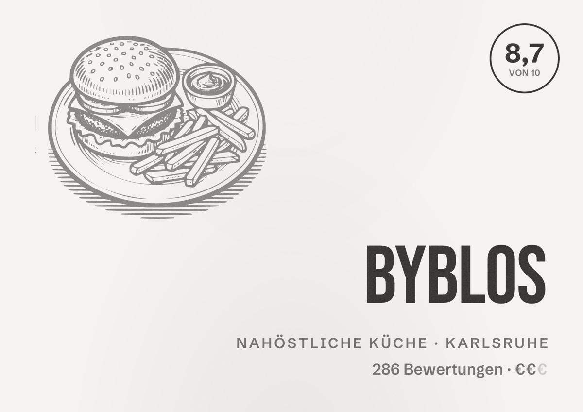 Illustriertes Poster von Byblos, Nahöstliche Küche in Karlsruhe: Bewertung 8,7 von 10 aus 286 Bewertungen, Preisniveau €€
