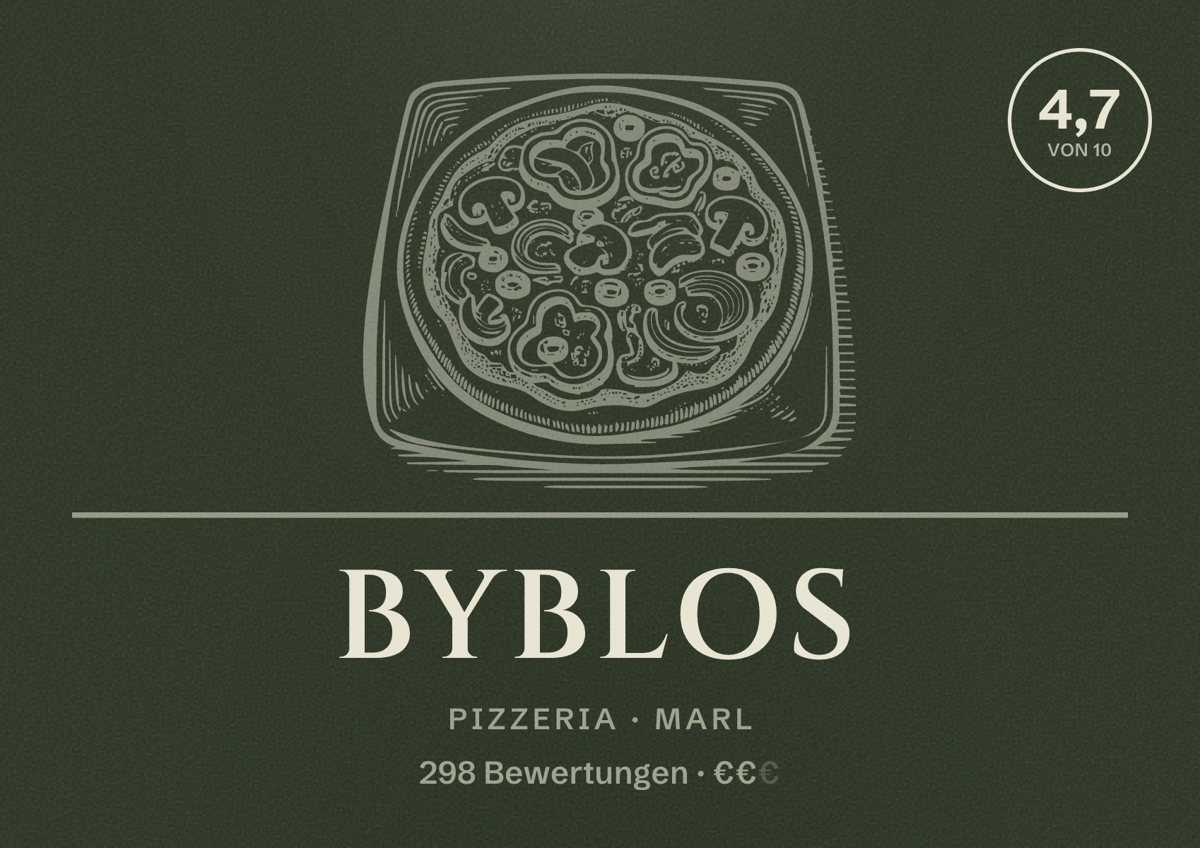 Illustriertes Poster von Byblos, Pizzeria in Marl: Bewertung 4,7 von 10 aus 298 Bewertungen, Preisniveau €€