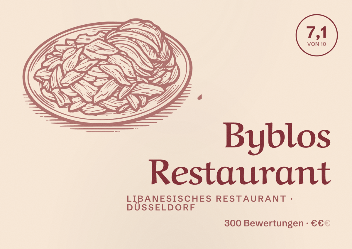 Illustriertes Poster von Byblos Restaurant, Libanesisches Restaurant in Düsseldorf: Bewertung 7,1 von 10 aus 300 Bewertungen, Preisniveau €€