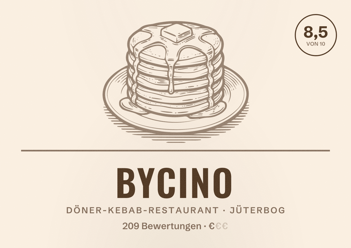Illustriertes Poster von byCino, Döner-Kebab-Restaurant in Jüterbog: Bewertung 8,5 von 10 aus 209 Bewertungen, Preisniveau €