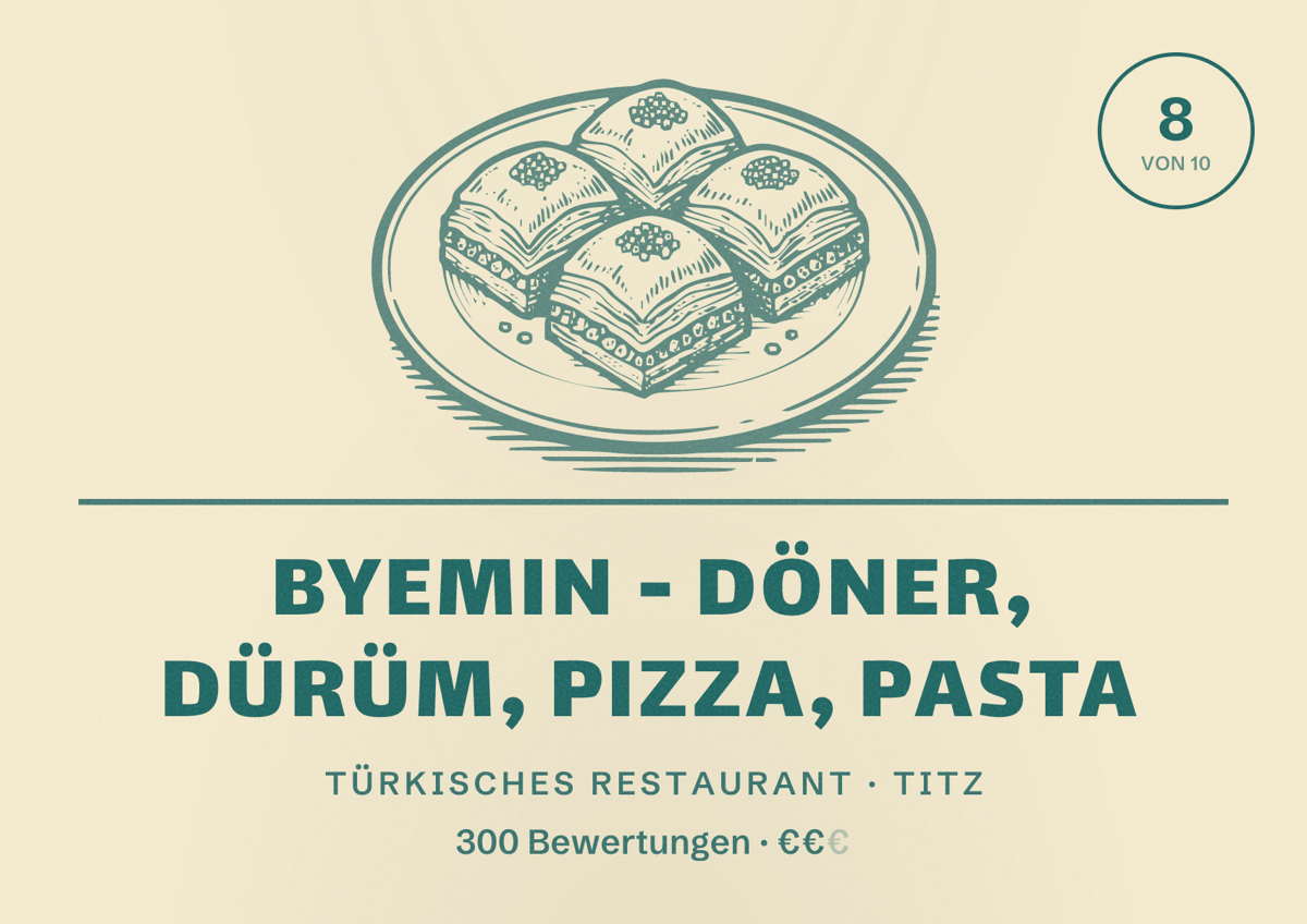 Illustriertes Poster von ByEmin - Döner, Dürüm, Pizza, Pasta, Türkisches Restaurant in Titz: Bewertung 8 von 10 aus 300 Bewertungen, Preisniveau €€