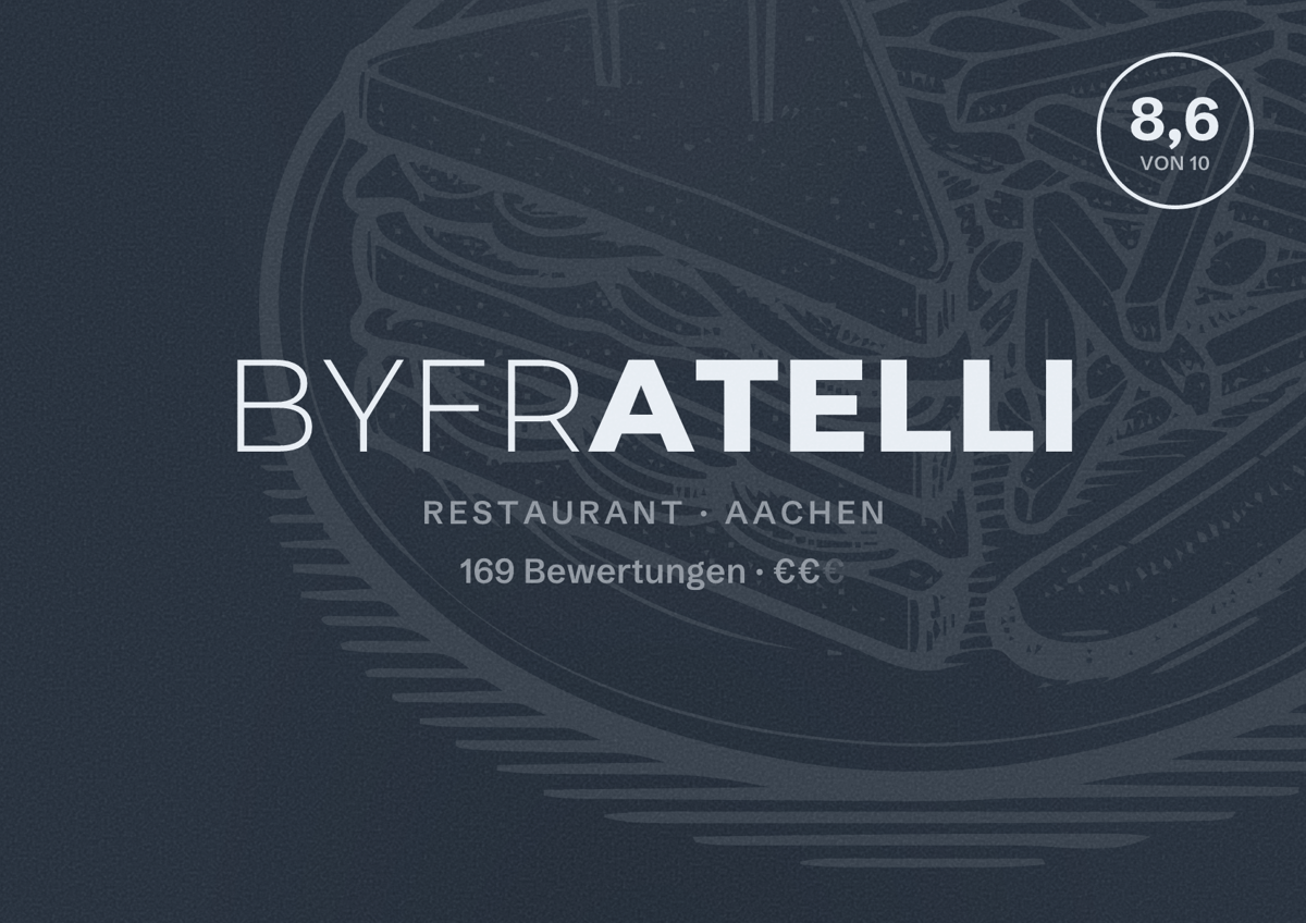 Illustriertes Poster von byFratelli, Restaurant in Aachen: Bewertung 8,6 von 10 aus 169 Bewertungen, Preisniveau €€