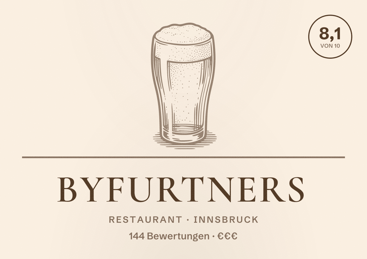 Illustriertes Poster von byFurtners, Restaurant in Innsbruck: Bewertung 8,1 von 10 aus 144 Bewertungen, Preisniveau €€€