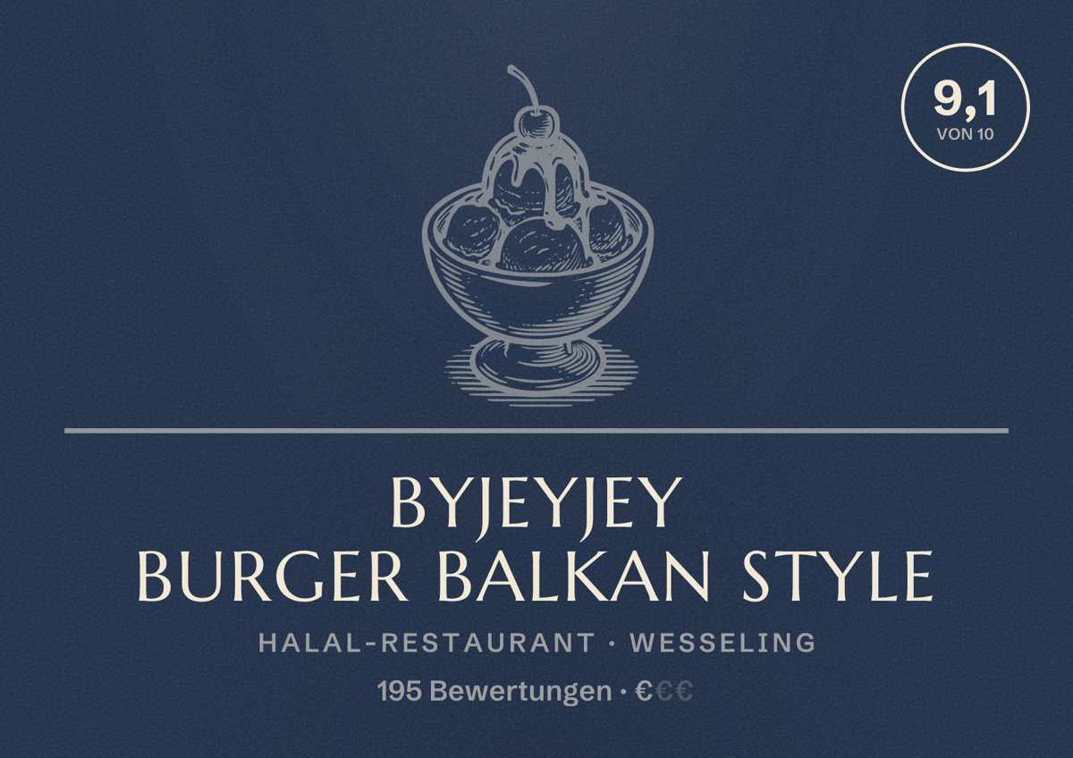 Illustriertes Poster von byJEYJEY BURGER BALKAN STYLE, Halal-Restaurant in Wesseling: Bewertung 9,1 von 10 aus 195 Bewertungen, Preisniveau €