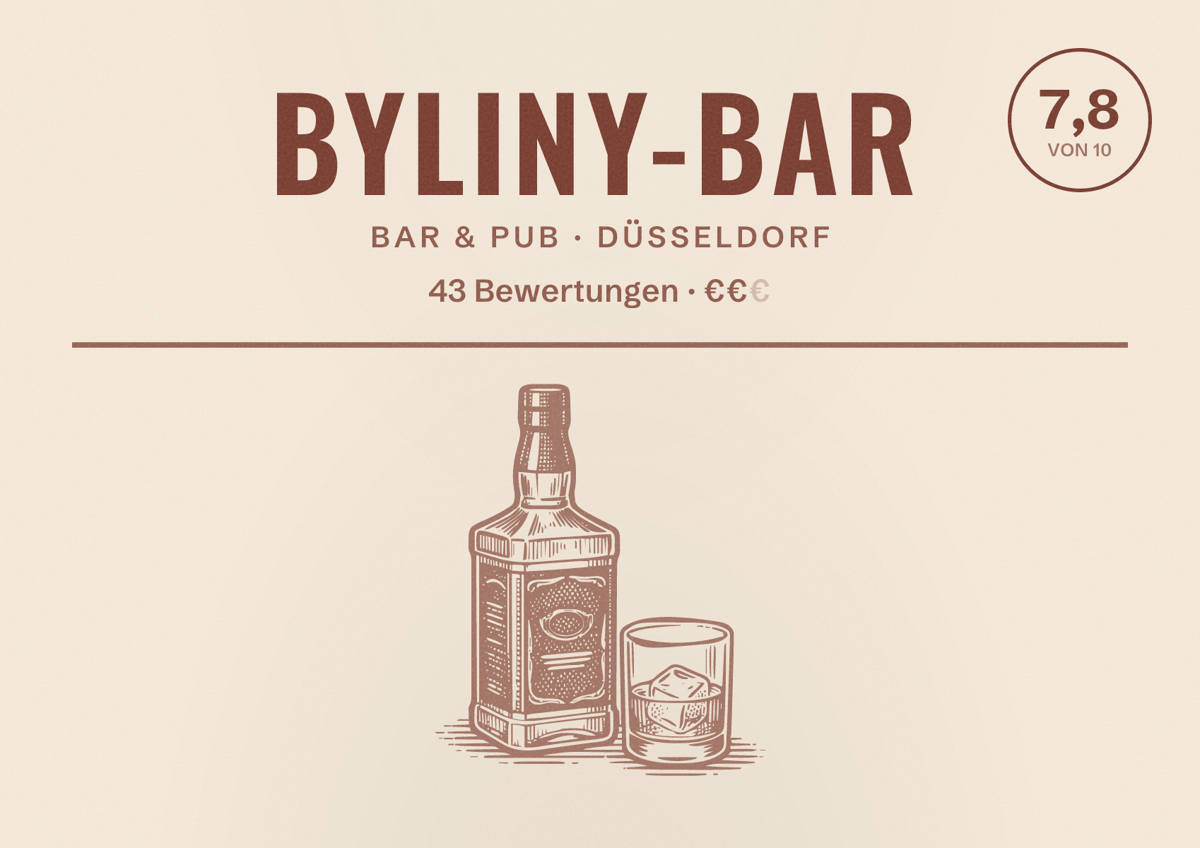 Illustriertes Poster von Byliny-Bar, Bar & Pub in Düsseldorf: Bewertung 7,8 von 10 aus 43 Bewertungen, Preisniveau €€