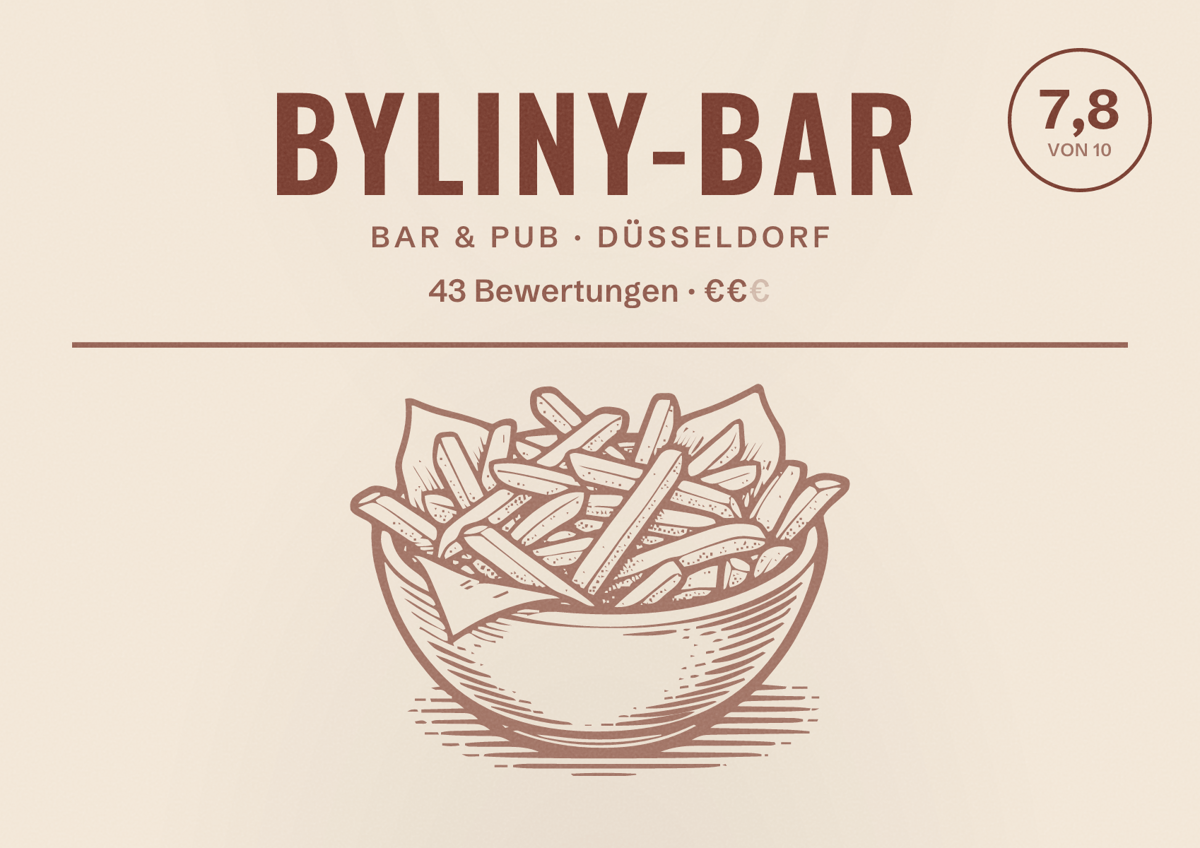 Illustriertes Poster von Byliny-Bar, Bar & Pub in Düsseldorf: Bewertung 7,8 von 10 aus 43 Bewertungen, Preisniveau €€