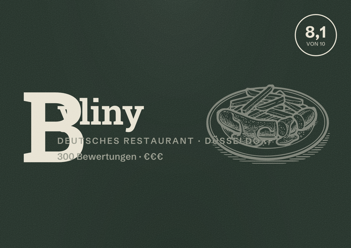 Illustriertes Poster von Byliny, Deutsches Restaurant in Düsseldorf: Bewertung 8,1 von 10 aus 300 Bewertungen, Preisniveau €€€