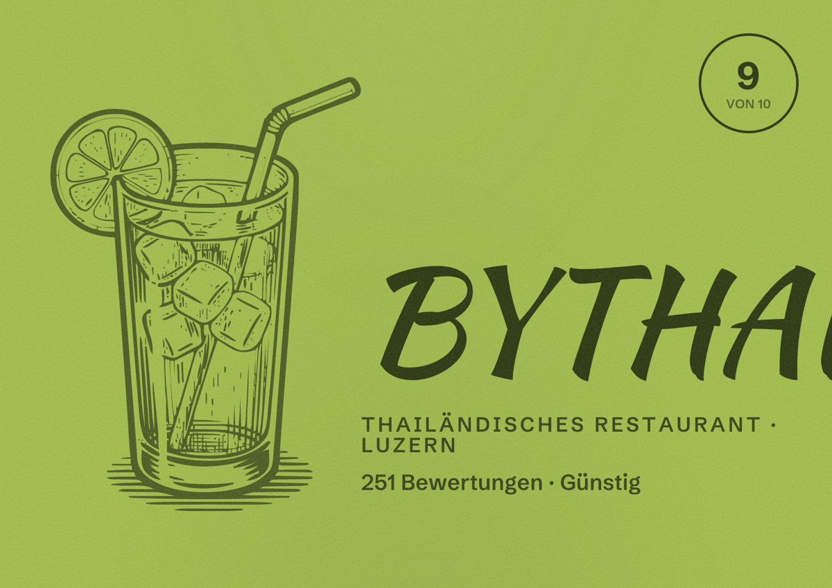 Illustriertes Poster von BYTHAI, Thailändisches Restaurant in Luzern: Bewertung 9 von 10 aus 251 Bewertungen, Preisniveau Günstig