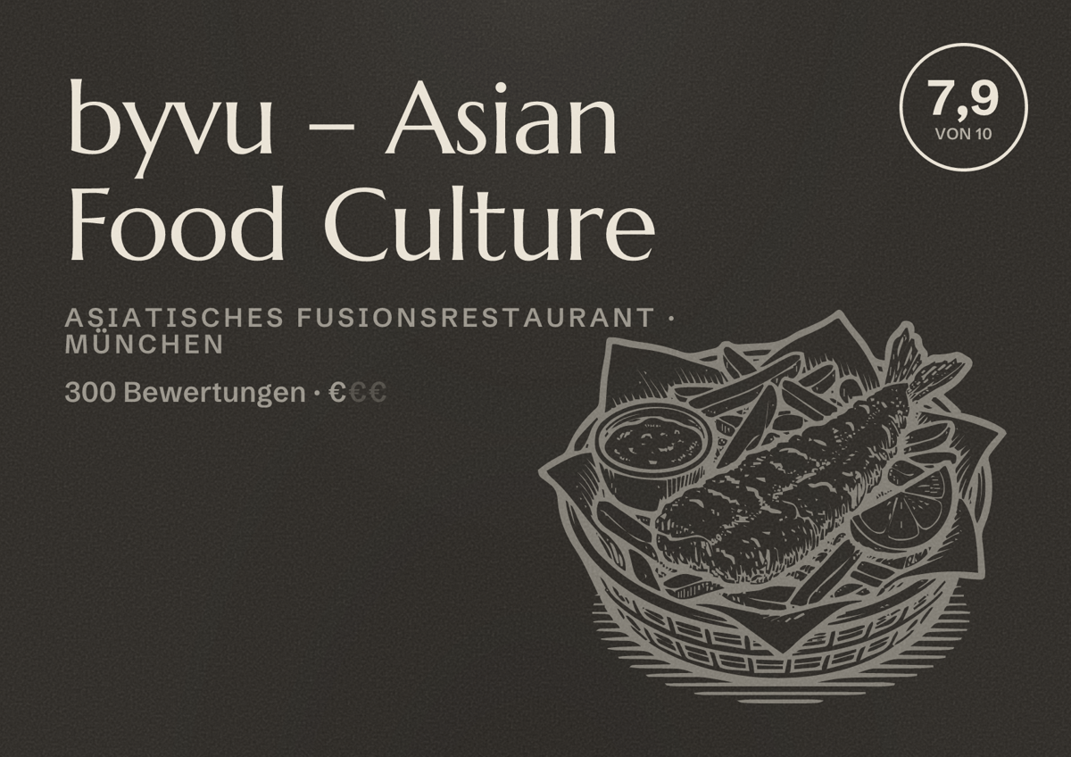 Illustriertes Poster von byvu – Asian Food Culture, Asiatisches Fusionsrestaurant in München: Bewertung 7,9 von 10 aus 300 Bewertungen, Preisniveau €