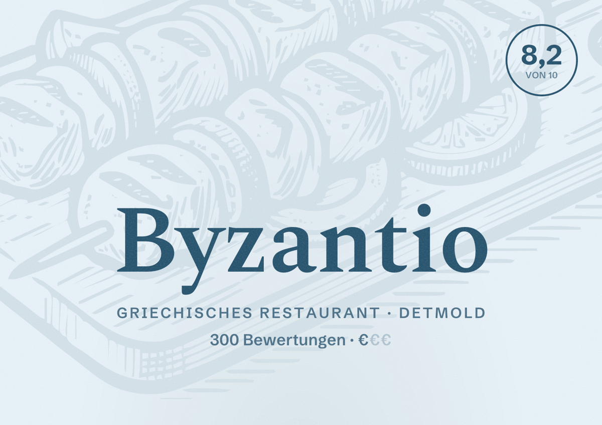 Illustriertes Poster von Byzantio, Griechisches Restaurant in Detmold: Bewertung 8,2 von 10 aus 300 Bewertungen, Preisniveau €