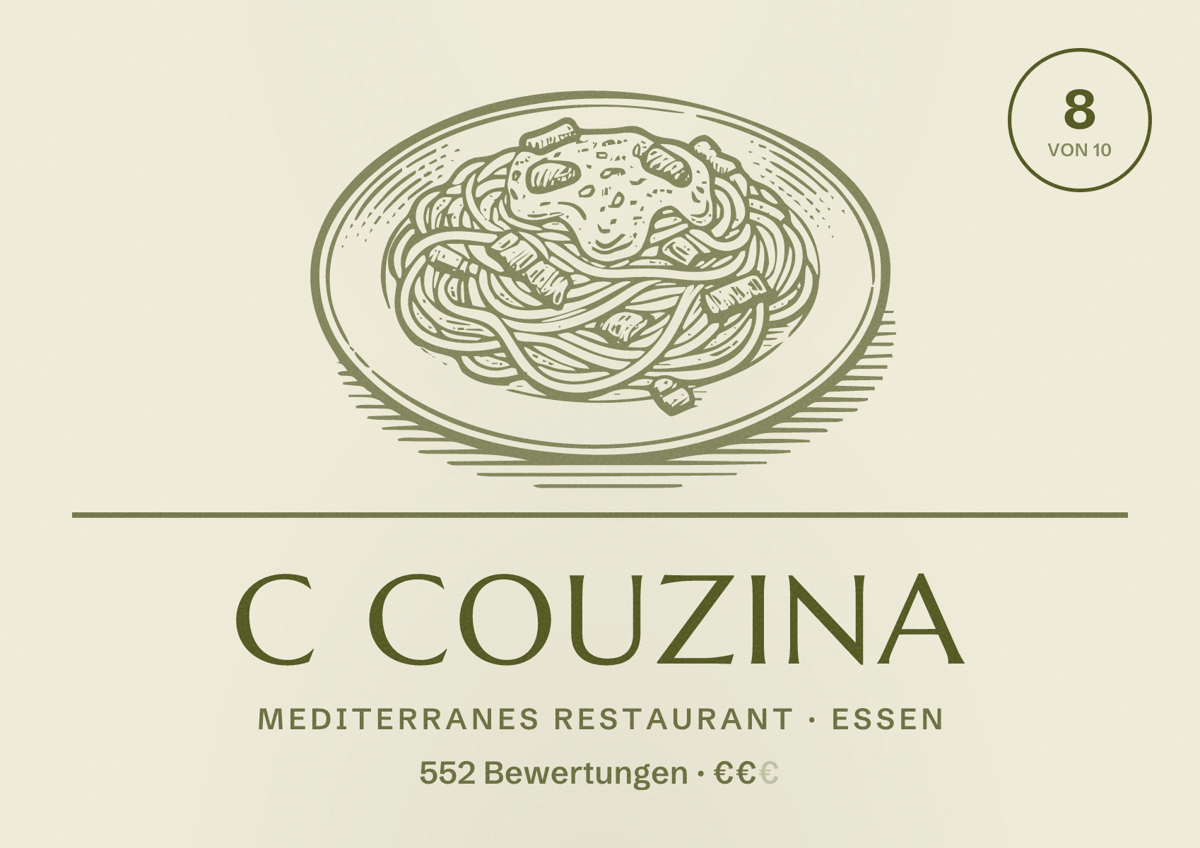 Illustriertes Poster von C Couzina, Mediterranes Restaurant in Essen: Bewertung 8 von 10 aus 552 Bewertungen, Preisniveau €€