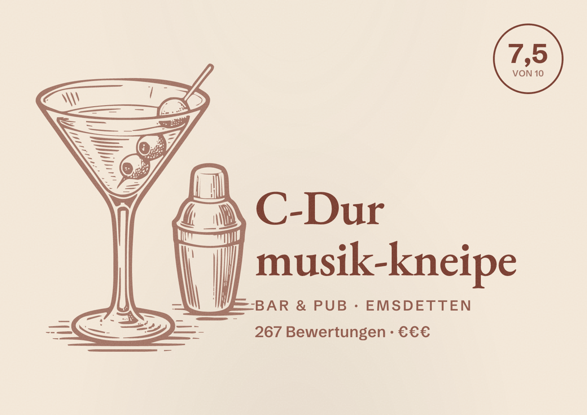 Illustriertes Poster von C-Dur musik-kneipe, Bar & Pub in Emsdetten: Bewertung 7,5 von 10 aus 267 Bewertungen, Preisniveau €€€