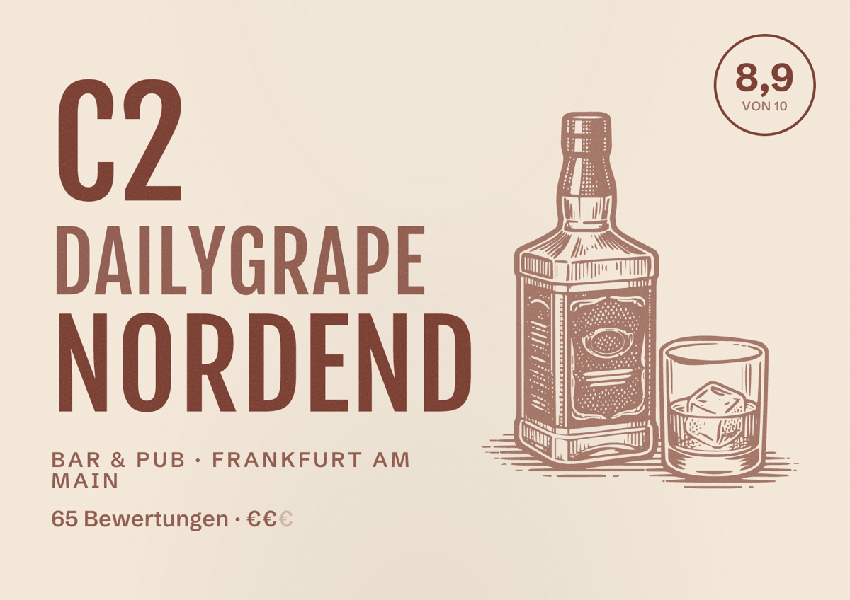 Illustriertes Poster von C2 Dailygrape Nordend, Bar & Pub in Frankfurt am Main: Bewertung 8,9 von 10 aus 65 Bewertungen, Preisniveau €€