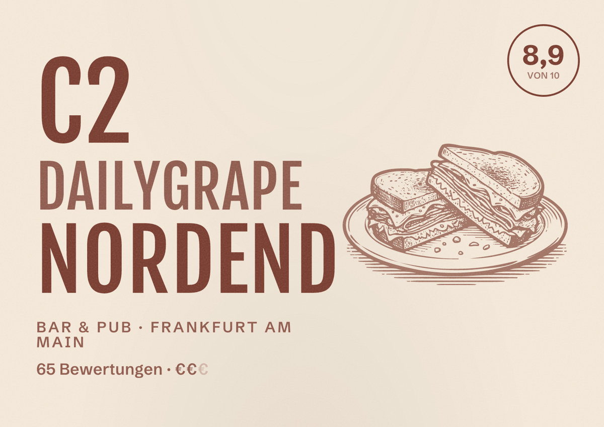 Illustriertes Poster von C2 Dailygrape Nordend, Bar & Pub in Frankfurt am Main: Bewertung 8,9 von 10 aus 65 Bewertungen, Preisniveau €€