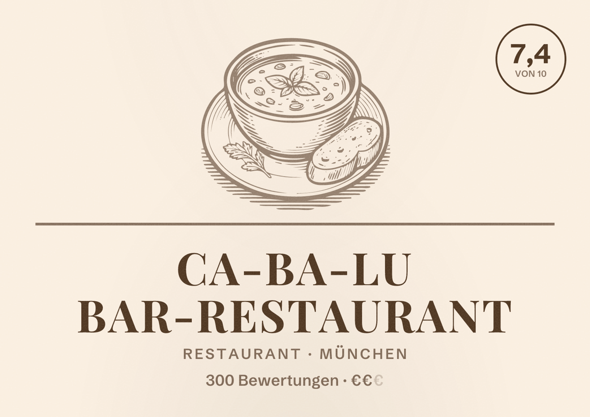 Illustriertes Poster von CA-BA-LU Bar-Restaurant, Restaurant in München: Bewertung 7,4 von 10 aus 300 Bewertungen, Preisniveau €€
