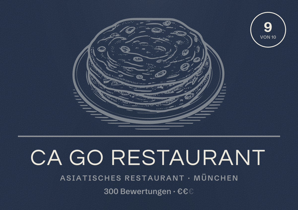 Illustriertes Poster von Ca Go Restaurant, Asiatisches Restaurant in München: Bewertung 9,0 von 10 aus 300 Bewertungen, Preisniveau €€