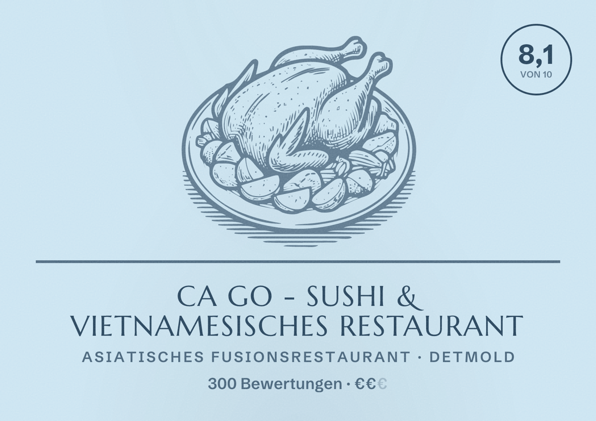 Illustriertes Poster von Ca Go - Sushi & Vietnamesisches Restaurant, Asiatisches Fusionsrestaurant in Detmold: Bewertung 8,1 von 10 aus 300 Bewertungen, Preisniveau €€