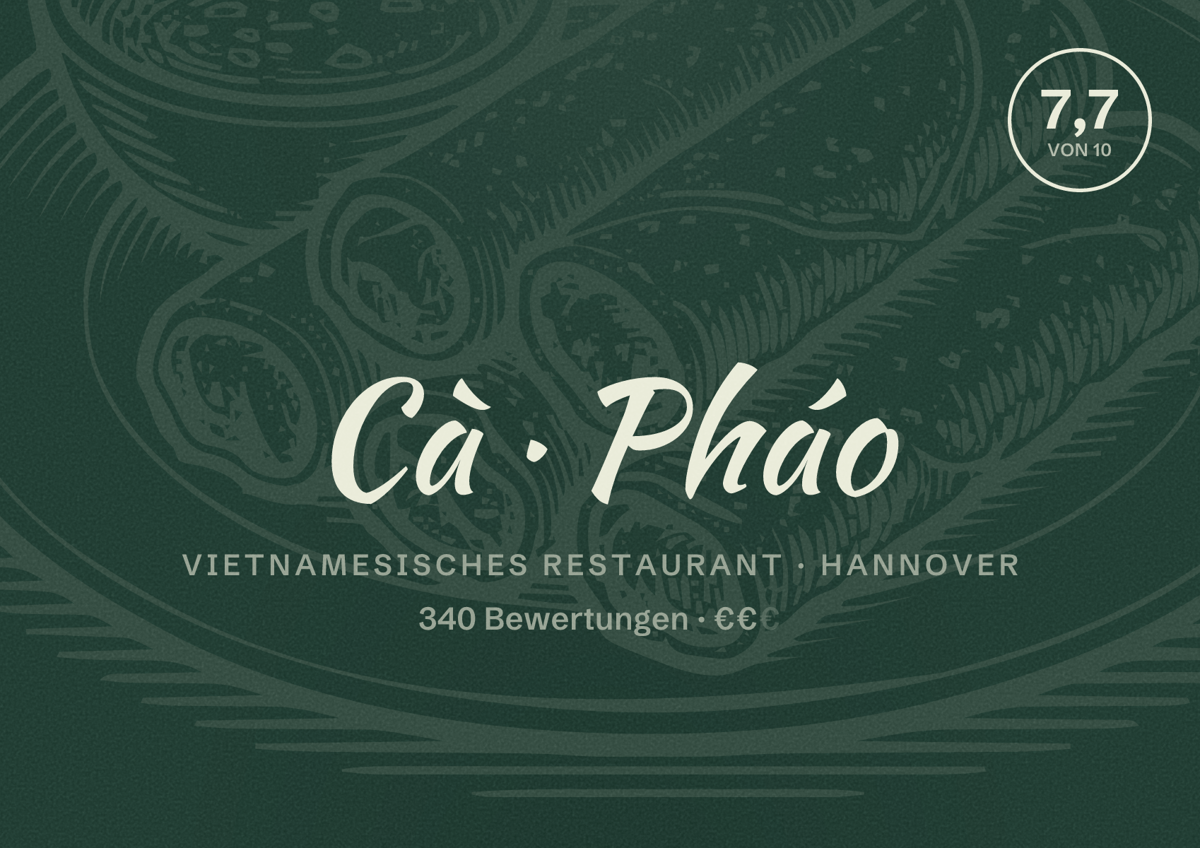 Illustriertes Poster von Cà Pháo, Vietnamesisches Restaurant in Hannover: Bewertung 7,7 von 10 aus 340 Bewertungen, Preisniveau €€