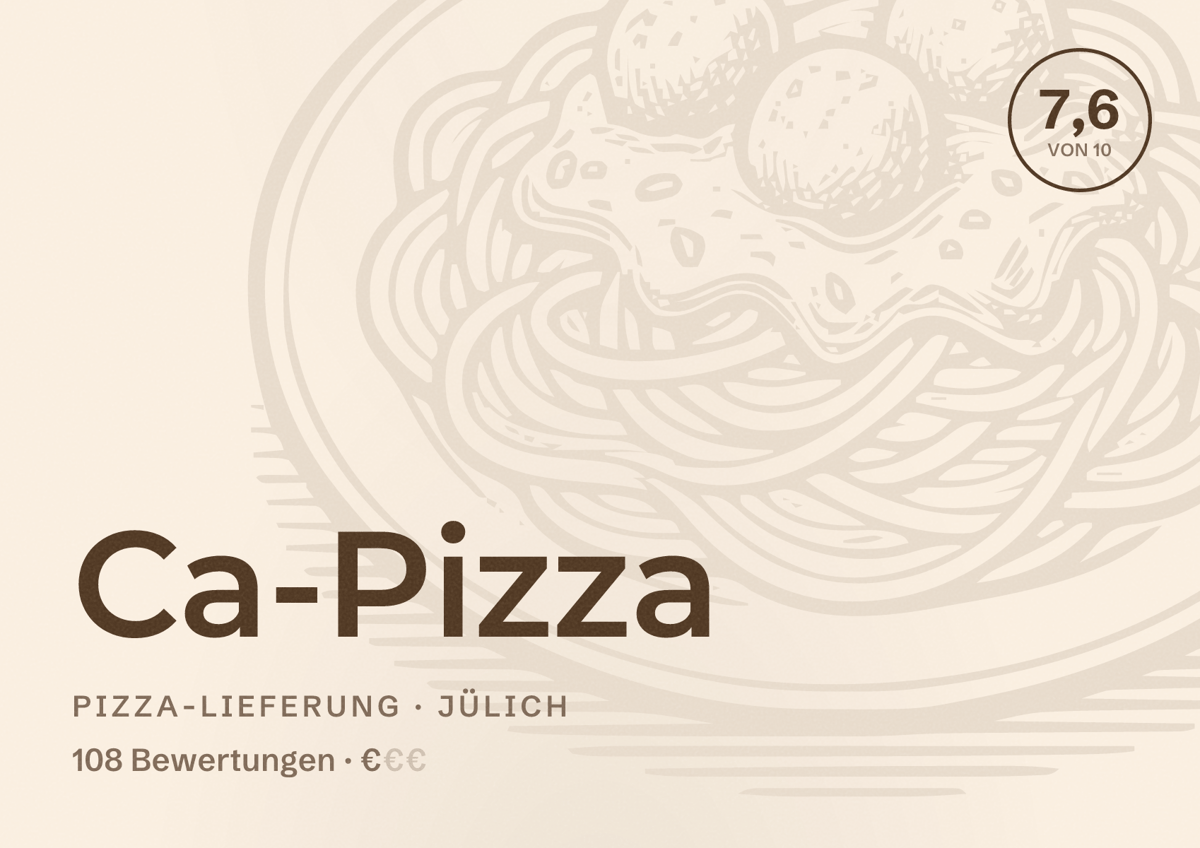 Illustriertes Poster von Ca-Pizza, Pizza-Lieferung in Jülich: Bewertung 7,6 von 10 aus 108 Bewertungen, Preisniveau €
