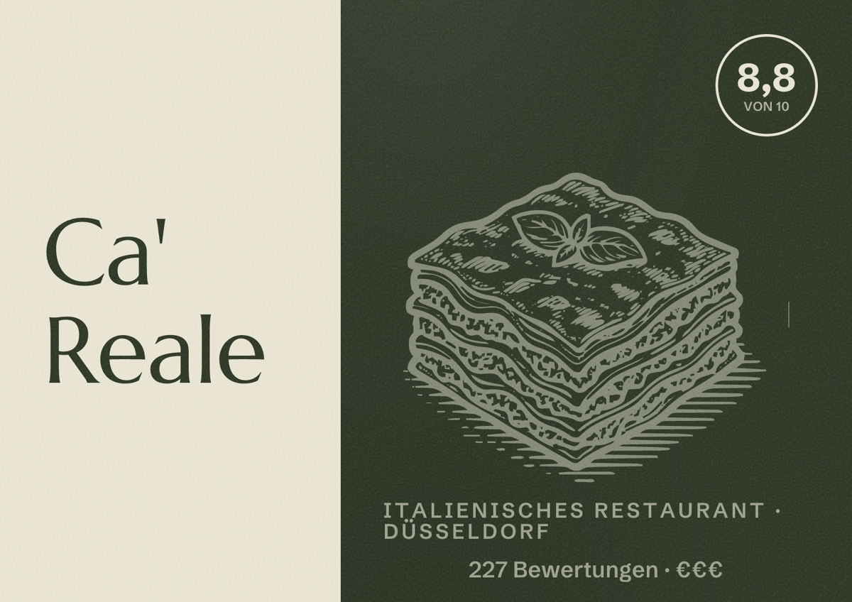 Illustriertes Poster von Ca' Reale, Italienisches Restaurant in Düsseldorf: Bewertung 8,8 von 10 aus 227 Bewertungen, Preisniveau €€€