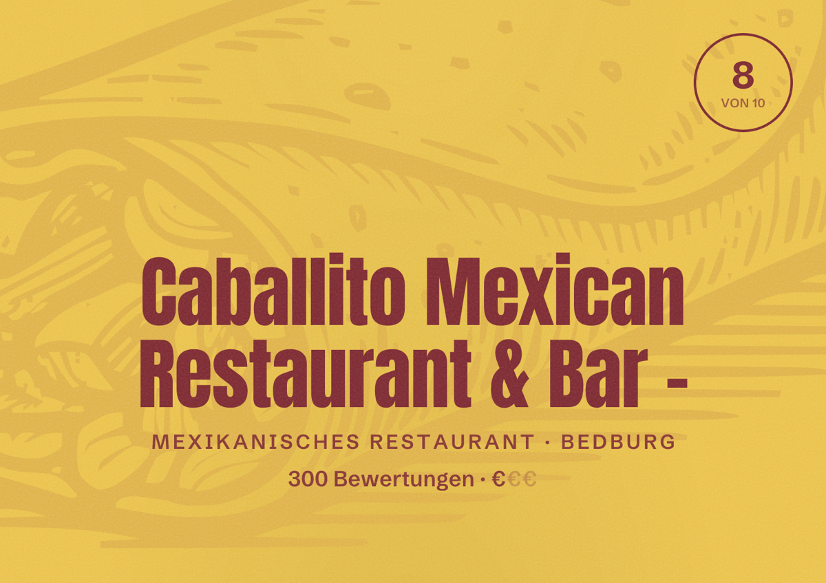 Illustriertes Poster von Caballito Mexican Restaurant & Bar -, Mexikanisches Restaurant in Bedburg: Bewertung 8 von 10 aus 300 Bewertungen, Preisniveau €
