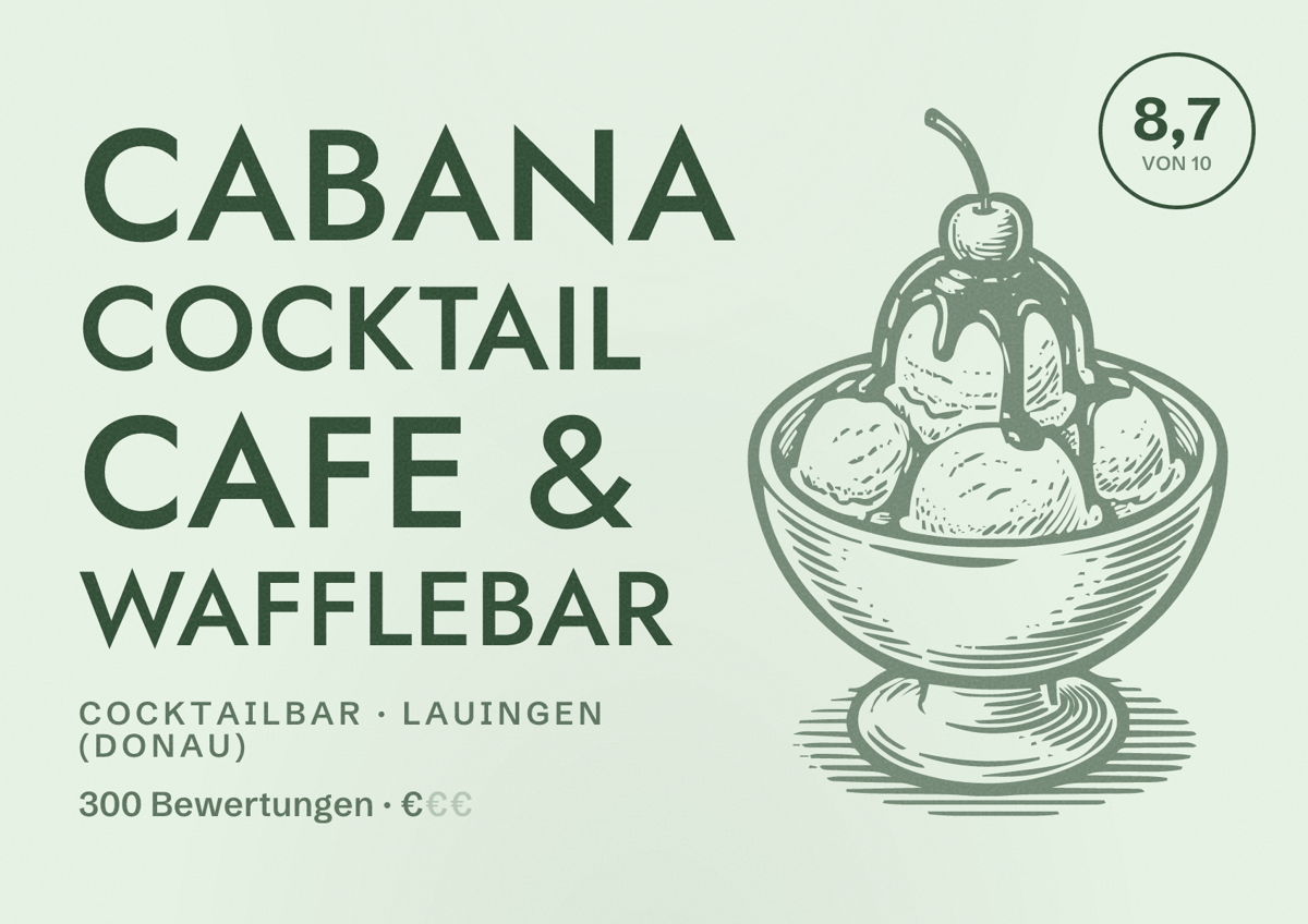 Illustriertes Poster von Cabana Cocktail Cafe & WaffleBar, Cocktailbar in Lauingen (Donau): Bewertung 8,7 von 10 aus 300 Bewertungen, Preisniveau €