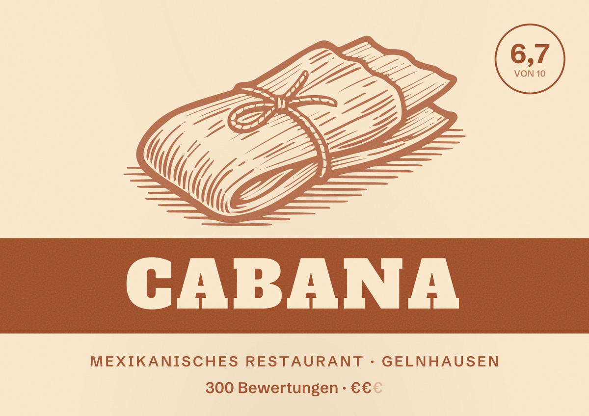 Illustriertes Poster von Cabana, Mexikanisches Restaurant in Gelnhausen: Bewertung 6,7 von 10 aus 300 Bewertungen, Preisniveau €€