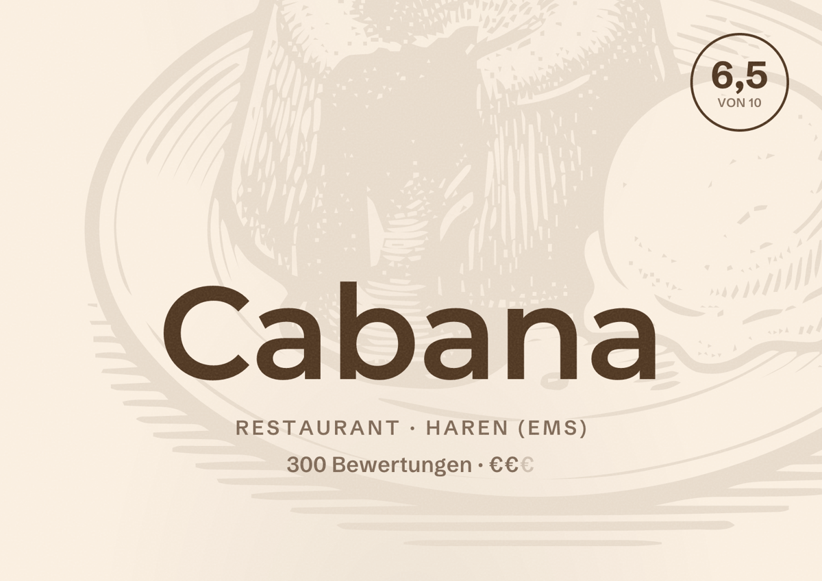 Illustriertes Poster von Cabana, Restaurant in Haren (Ems): Bewertung 6,5 von 10 aus 300 Bewertungen, Preisniveau €€