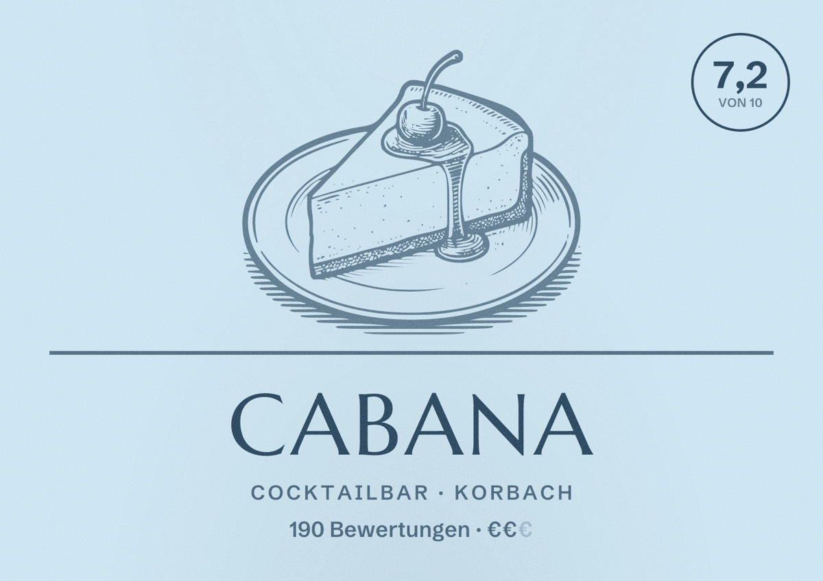 Illustriertes Poster von Cabana, Cocktailbar in Korbach: Bewertung 7,2 von 10 aus 190 Bewertungen, Preisniveau €€