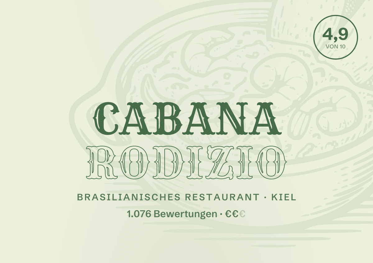 Illustriertes Poster von Cabana Rodizio, Brasilianisches Restaurant in Kiel: Bewertung 4,9 von 10 aus 1.076 Bewertungen, Preisniveau €€