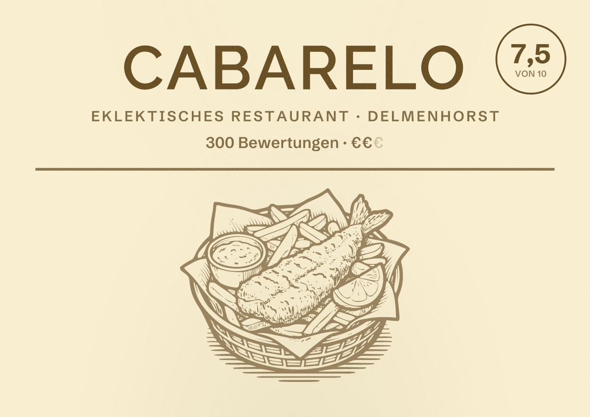 Illustriertes Poster von Cabarelo, Eklektisches Restaurant in Delmenhorst: Bewertung 7,5 von 10 aus 300 Bewertungen, Preisniveau €€