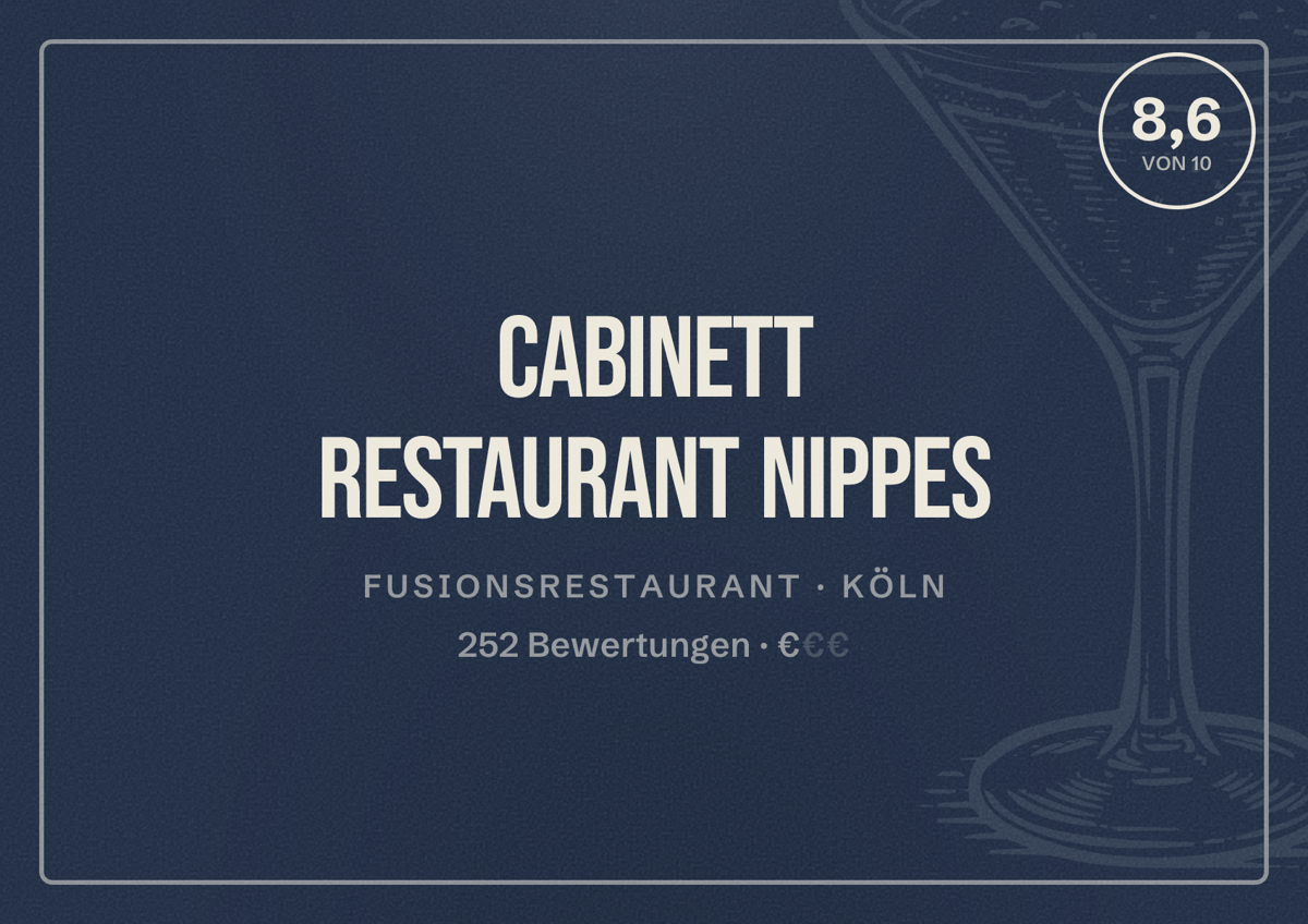 Illustriertes Poster von CabiNett Restaurant Nippes, Fusionsrestaurant in Köln: Bewertung 8,6 von 10 aus 252 Bewertungen, Preisniveau €
