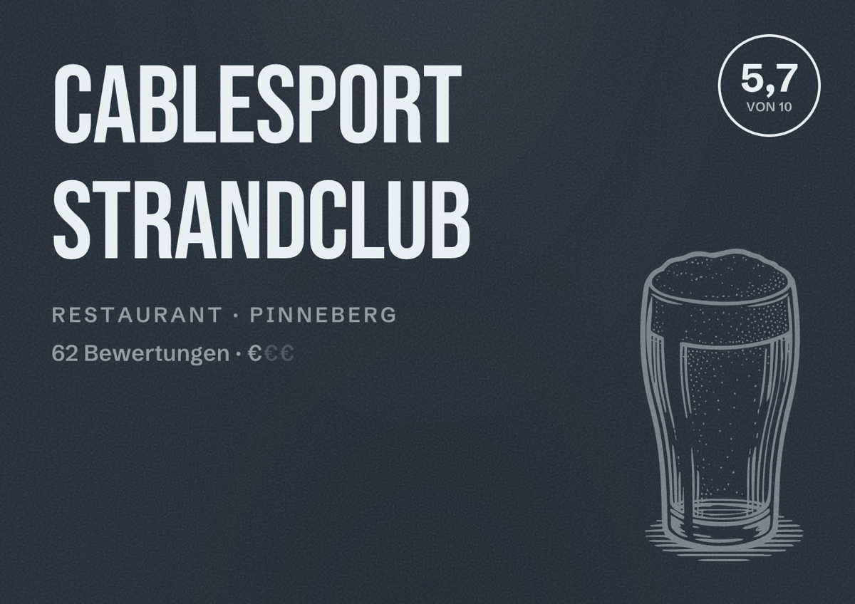 Illustriertes Poster von Cablesport Strandclub, Restaurant in Pinneberg: Bewertung 5,7 von 10 aus 62 Bewertungen, Preisniveau €