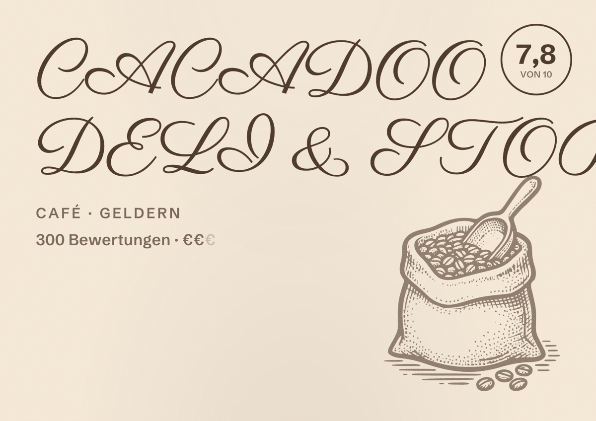 Illustriertes Poster von CACADOO DELI & STORE, Café in Geldern: Bewertung 7,8 von 10 aus 300 Bewertungen, Preisniveau €€
