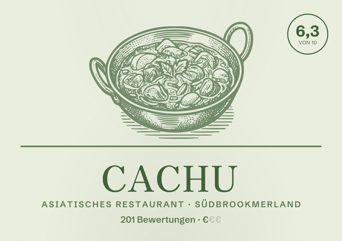 Illustriertes Poster von Cachu, Asiatisches Restaurant in Südbrookmerland: Bewertung 6,3 von 10 aus 201 Bewertungen, Preisniveau €