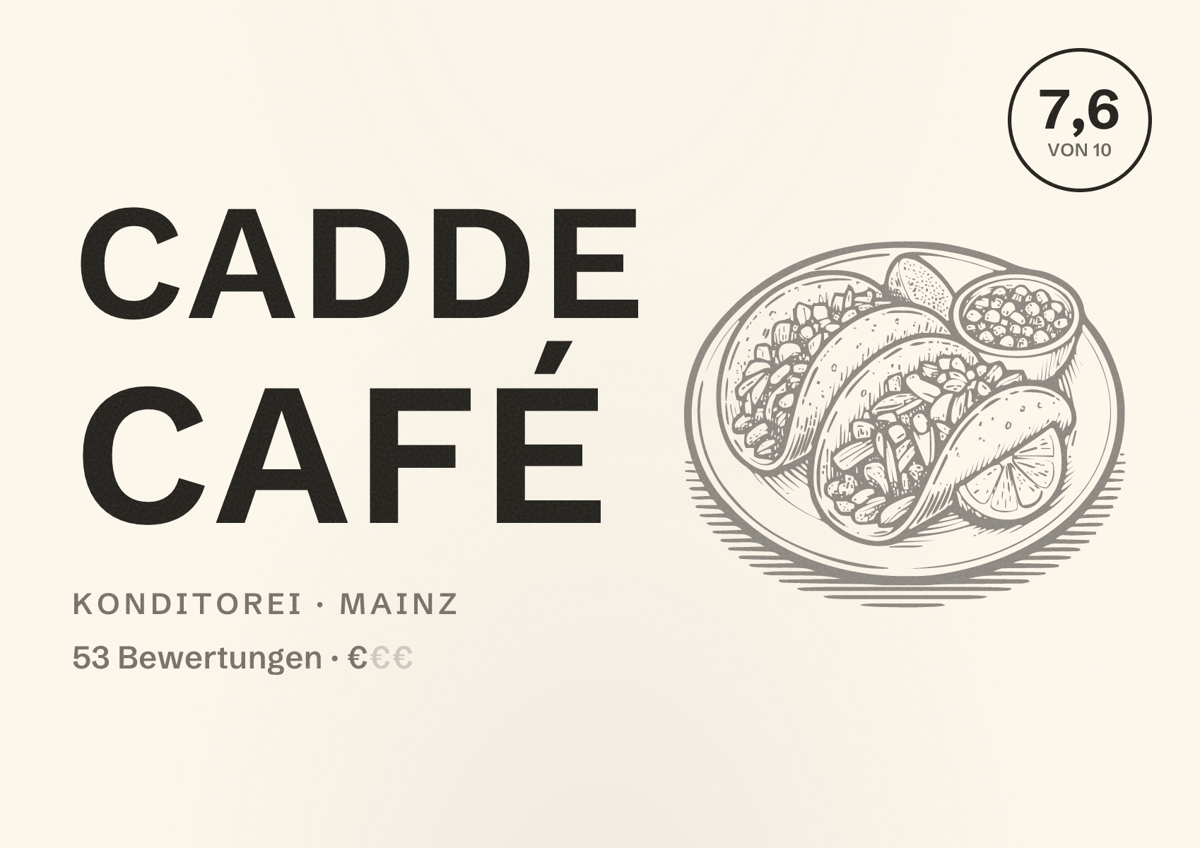 Illustriertes Poster von Cadde Café, Konditorei in Mainz: Bewertung 7,6 von 10 aus 53 Bewertungen, Preisniveau €