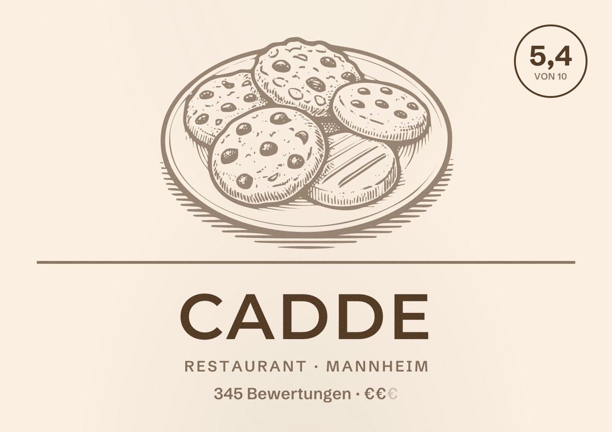 Illustriertes Poster von Cadde, Restaurant in Mannheim: Bewertung 5,4 von 10 aus 345 Bewertungen, Preisniveau €€