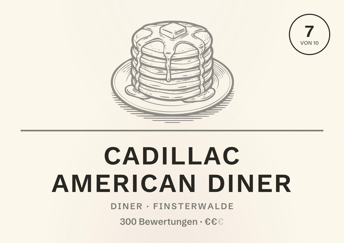Illustriertes Poster von Cadillac American Diner, Diner in Finsterwalde: Bewertung 7 von 10 aus 300 Bewertungen, Preisniveau €€