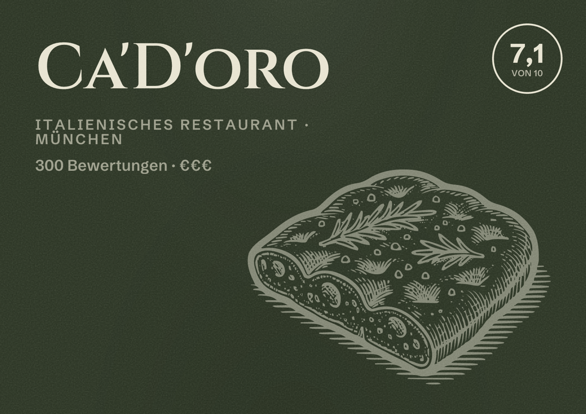 Illustriertes Poster von Ca'D'oro, Italienisches Restaurant in München: Bewertung 7,1 von 10 aus 300 Bewertungen, Preisniveau €€€