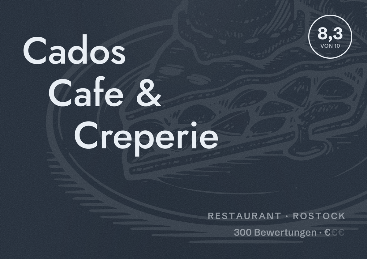 Illustriertes Poster von Cados Cafe & Creperie, Restaurant in Rostock: Bewertung 8,3 von 10 aus 300 Bewertungen, Preisniveau €