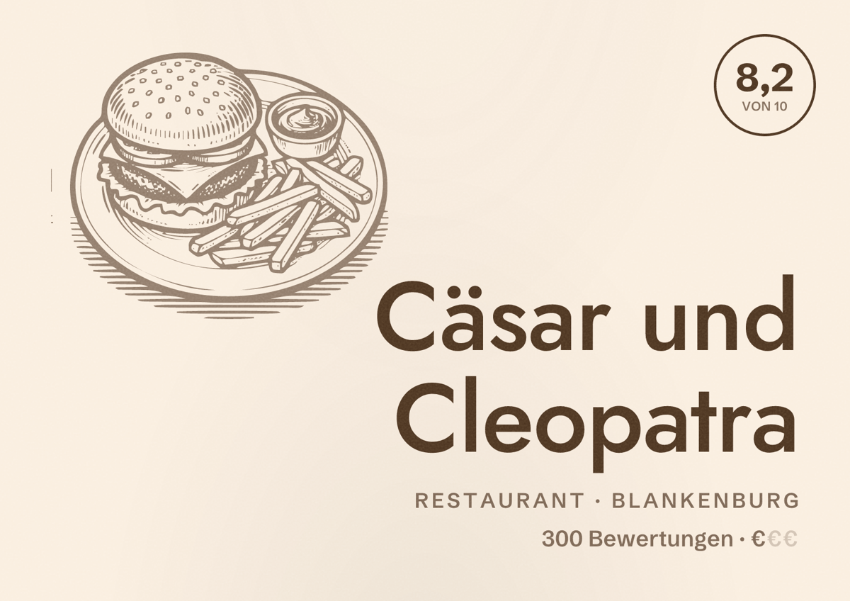 Illustriertes Poster von Cäsar und Cleopatra, Restaurant in Blankenburg: Bewertung 8,2 von 10 aus 300 Bewertungen, Preisniveau €