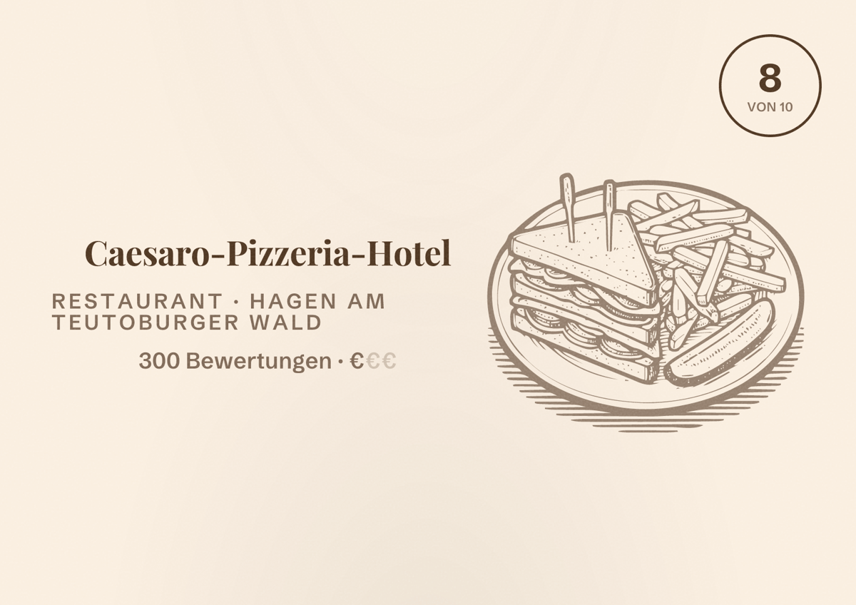Illustriertes Poster von Caesaro-Pizzeria-Hotel, Restaurant in Hagen am Teutoburger Wald: Bewertung 8 von 10 aus 300 Bewertungen, Preisniveau €
