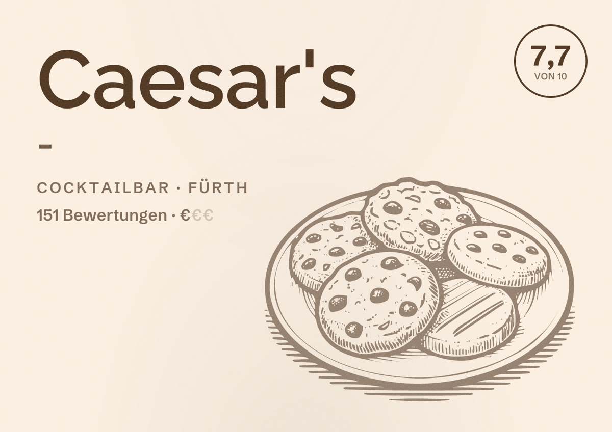 Illustriertes Poster von Caesar's -, Cocktailbar in Fürth: Bewertung 7,7 von 10 aus 151 Bewertungen, Preisniveau €