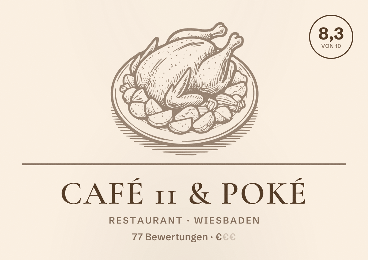Illustriertes Poster von Café 11 & Poké, Restaurant in Wiesbaden: Bewertung 8,3 von 10 aus 77 Bewertungen, Preisniveau €