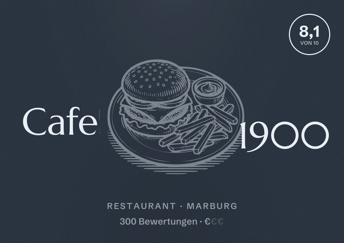 Illustriertes Poster von Cafe 1900, Restaurant in Marburg: Bewertung 8,1 von 10 aus 300 Bewertungen, Preisniveau €