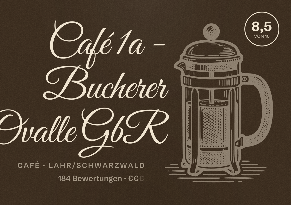 Illustriertes Poster von Café 1a - Bucherer Ovalle GbR, Café in Lahr/Schwarzwald: Bewertung 8,5 von 10 aus 184 Bewertungen, Preisniveau €€