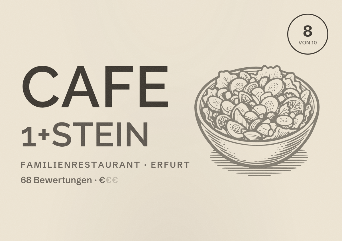 Illustriertes Poster von Cafe 1+Stein, Familienrestaurant in Erfurt: Bewertung 8,0 von 10 aus 68 Bewertungen, Preisniveau €